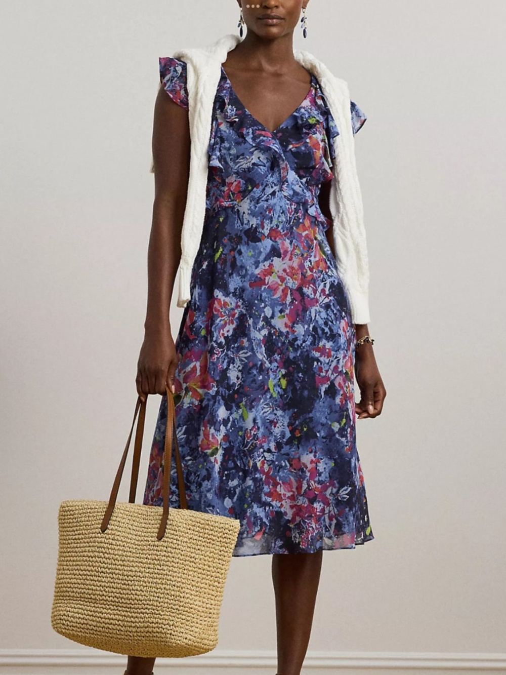 Lauren Ralph Lauren Print Ruffle Trim Georgette Midi Dress, size 10